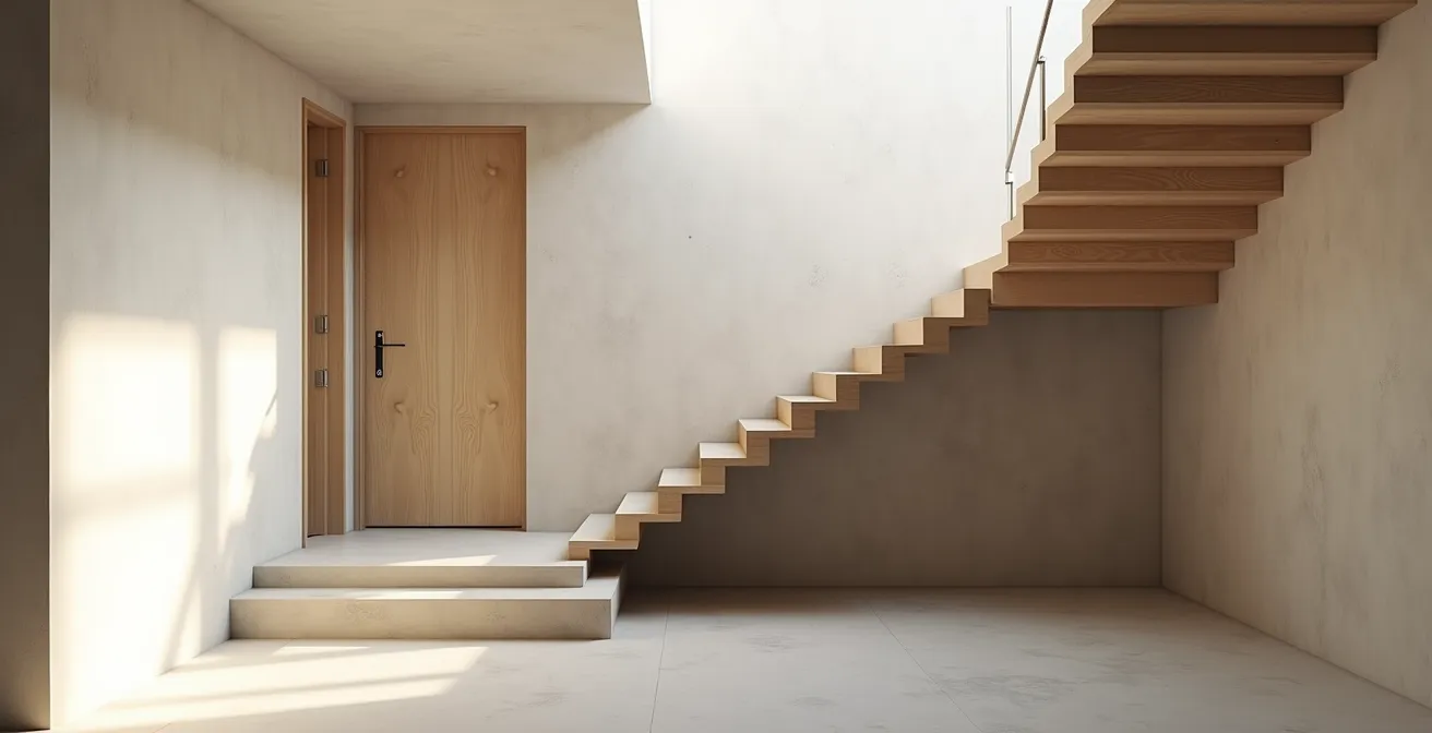 Vue intérieure d'une maison avec escalier équipé d'une solution d'accessibilité discrète, montrant l'harmonie de l'installation dans un décor résidentiel moderne