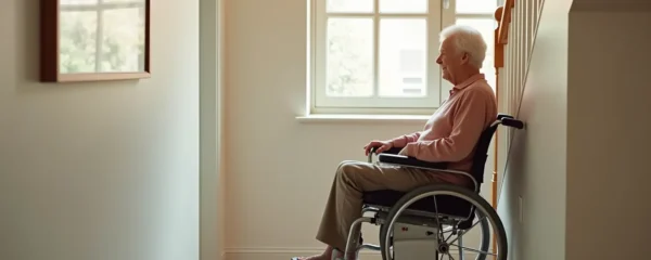 Une personne âgée utilisant une plateforme élévatrice pour accéder aux étages de son domicile avec confiance et autonomie
