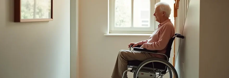 Une personne âgée utilisant une plateforme élévatrice pour accéder aux étages de son domicile avec confiance et autonomie