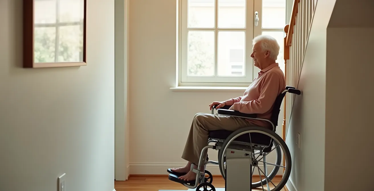 Une personne âgée utilisant une plateforme élévatrice pour accéder aux étages de son domicile avec confiance et autonomie