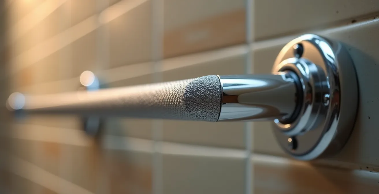 Salle de bain adaptée avec barres d'appui et siège de douche dans un environnement lumineux