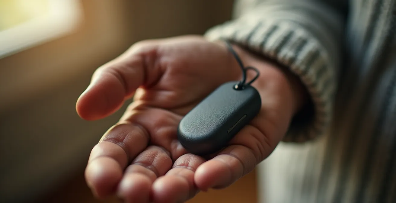 Gros plan sur une main âgée près d'un dispositif de téléassistance montrant les textures de la peau