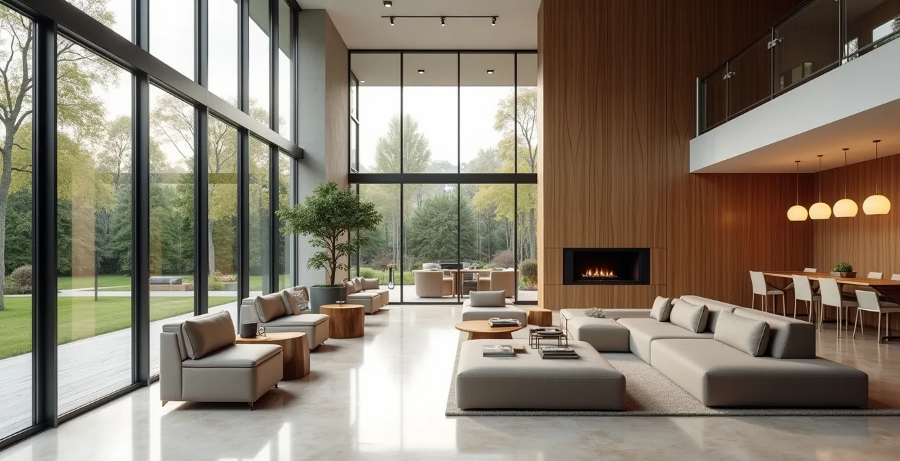 Salon lumineux de résidence senior avec mobilier moderne et grandes baies vitrées donnant sur jardin