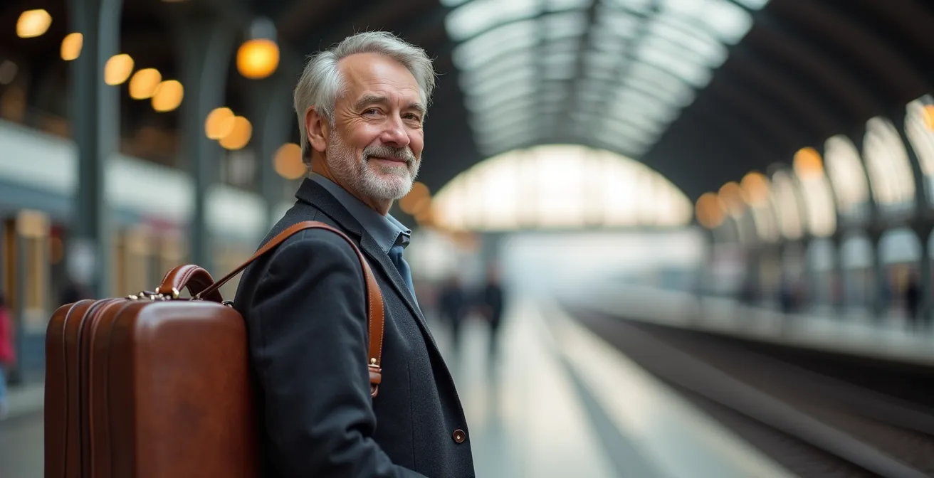 Personne âgée souriante avec valise sur le quai d'une gare RER moderne