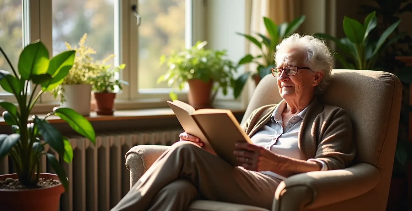 Salon baigné de lumière naturelle dans une résidence senior avec plantes vertes et mobilier confortable