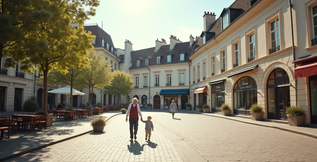 Centre-ville animé d'une commune de Seine-et-Marne avec commerces de proximité et seniors en promenade