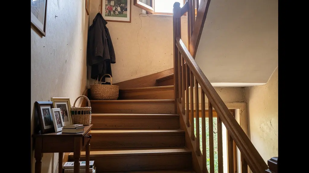 Escalier en bois dans une maison française présentant un risque pour les seniors à mobilité réduite