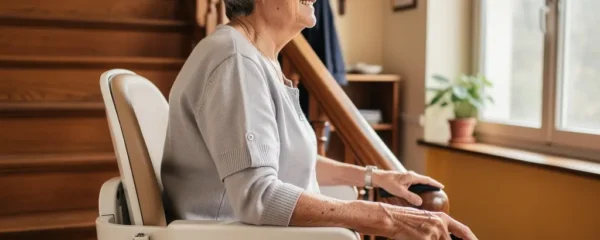 Senior utilisant un monte-escalier dans sa maison pour maintenir son autonomie à domicile