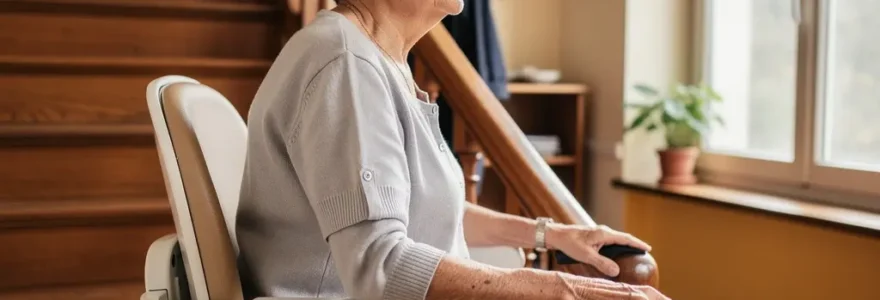 Senior utilisant un monte-escalier dans sa maison pour maintenir son autonomie à domicile