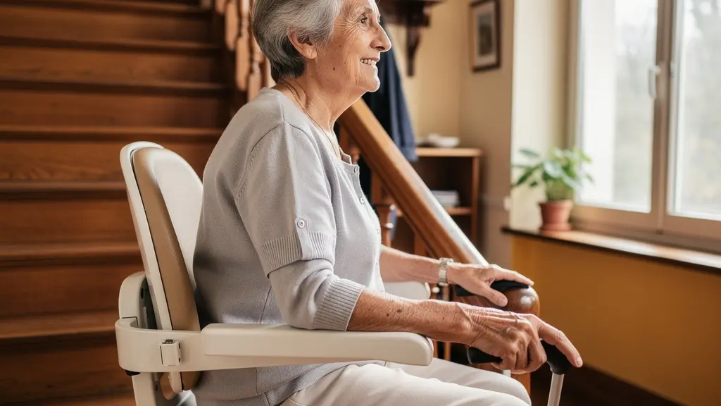Senior utilisant un monte-escalier dans sa maison pour maintenir son autonomie à domicile