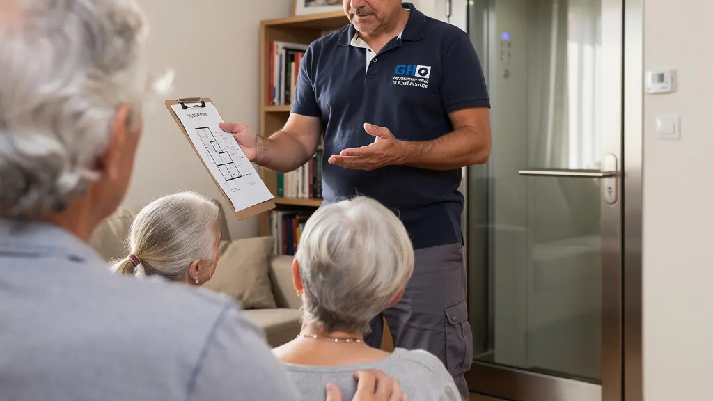 Installateur présentant un élévateur privatif à un couple senior lors d'une visite technique