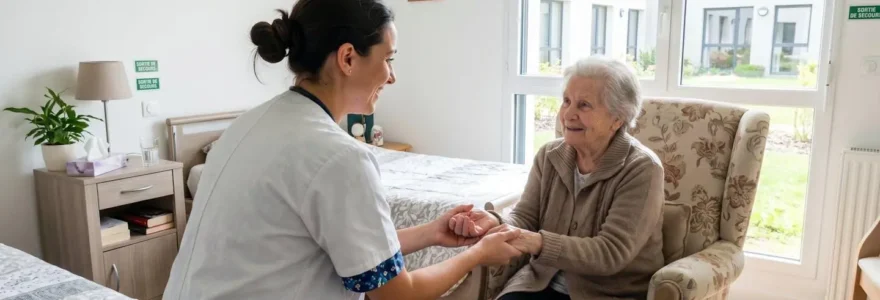 Une infirmière en blouse blanche examine un résident âgé assis près d'une fenêtre dans une chambre d'EHPAD contemporaine et lumineuse