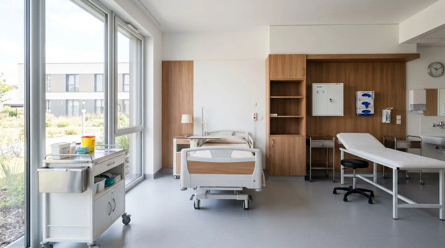 Salle de soins d'EHPAD moderne et vide, éclairée par la lumière naturelle d'une grande fenêtre, avec armoire à médicaments, chariot de soins et table d'examen, décor blanc et bois