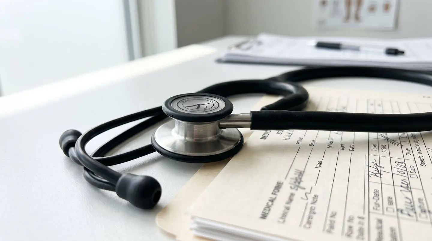 Gros plan d'un stéthoscope moderne posé sur un dossier médical avec texte flouté, sur une surface blanche épurée