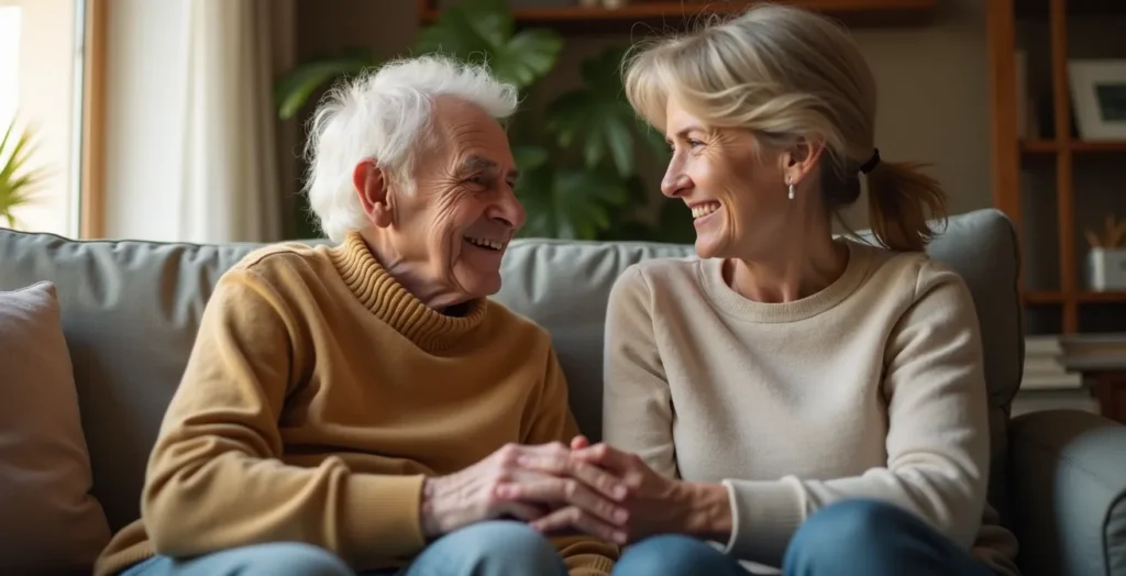 Une conversation positive entre une personne âgée et un membre de la famille, montrant l'écoute active et la compréhension mutuelle autour d'un projet d'adaptation du domicile