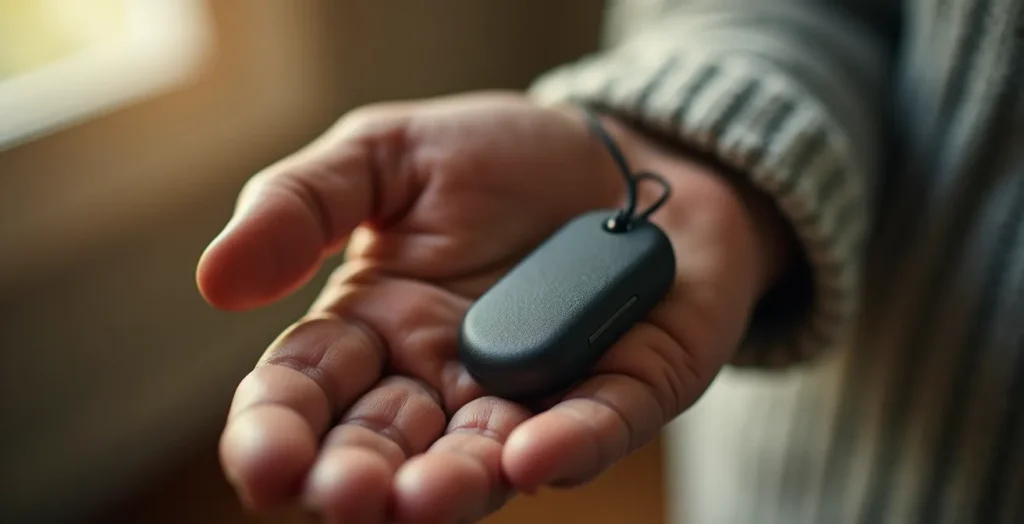 Gros plan sur une main âgée près d'un dispositif de téléassistance montrant les textures de la peau