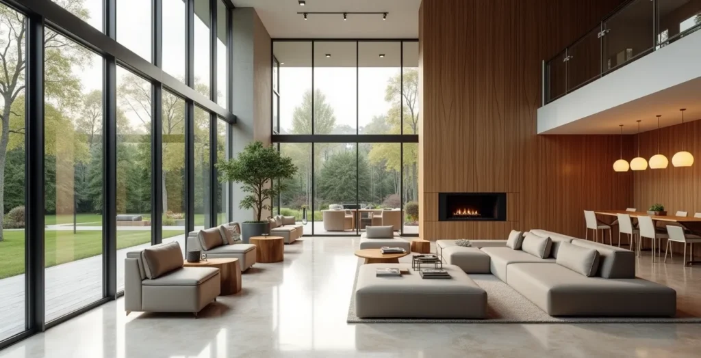 Salon lumineux de résidence senior avec mobilier moderne et grandes baies vitrées donnant sur jardin