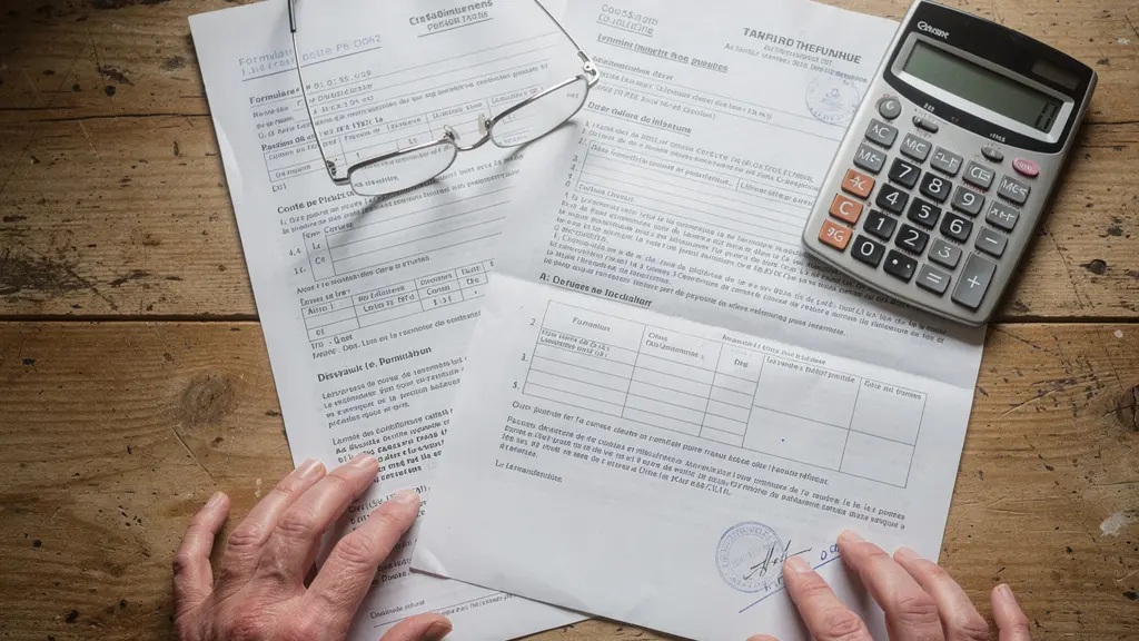 Documents administratifs pour une demande d'aide MaPrimeAdapt posés sur une table de cuisine Documents administratifs pour une demande d'aide MaPrimeAdapt posés sur une table de cuisine