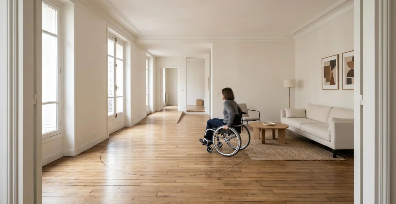 Intérieur d'appartement moderne adapté avec espace de circulation dégagé pour fauteuil roulant