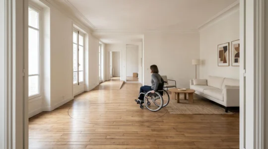Intérieur d'appartement moderne adapté avec espace de circulation dégagé pour fauteuil roulant