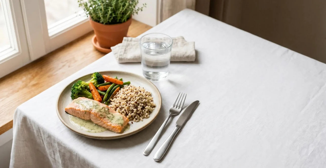 Assiette équilibrée pour senior avec protéines, légumes et féculents dans une composition harmonieuse