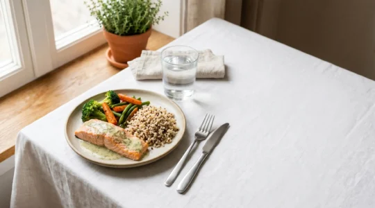 Assiette équilibrée pour senior avec protéines, légumes et féculents dans une composition harmonieuse