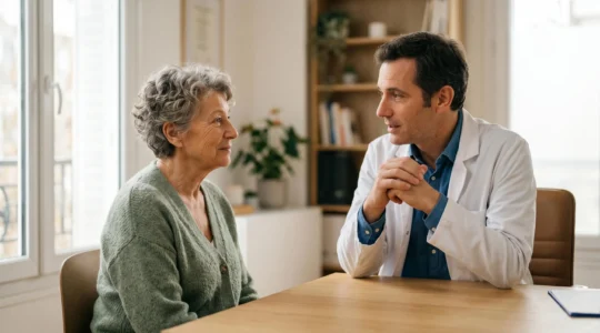 Consultation médicale préventive pour senior de 70 ans dans un cabinet médical français moderne