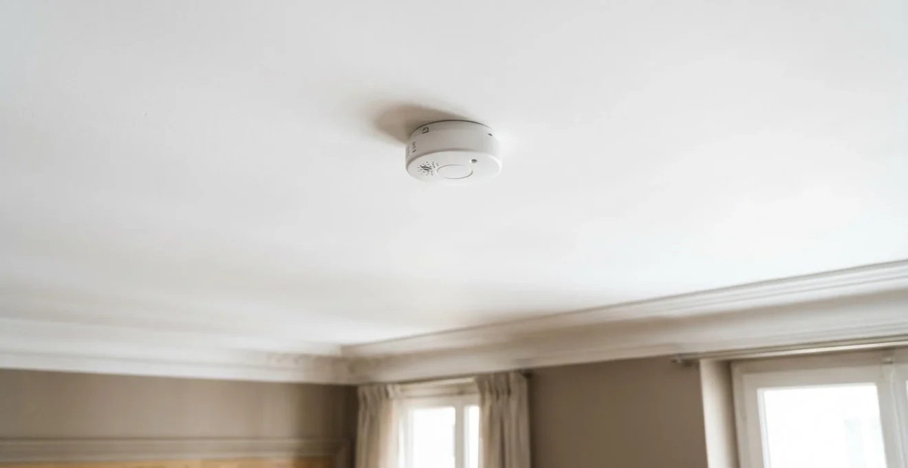 Détecteur de fumée moderne certifié installé au plafond dans un intérieur français contemporain