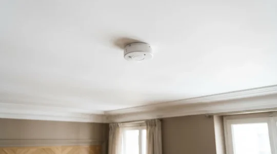 Détecteur de fumée moderne certifié installé au plafond dans un intérieur français contemporain