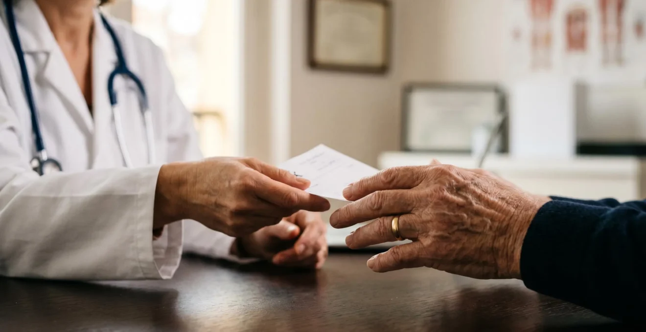 Médecin et patient senior échangeant lors d'une consultation médicale sur les options de prescription