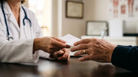 Médecin et patient senior échangeant lors d'une consultation médicale sur les options de prescription