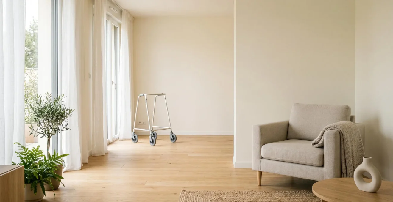 Vue d'ensemble d'équipements médicaux pour seniors dans un environnement domestique français chaleureux