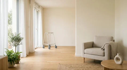 Vue d'ensemble d'équipements médicaux pour seniors dans un environnement domestique français chaleureux