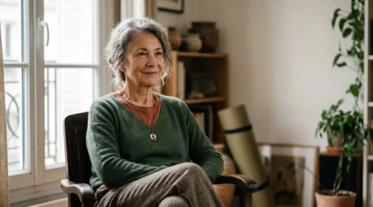 Femme senior active et sereine illustrant la reconquête de l'autonomie et du bien-être après une rééducation périnéale réussie