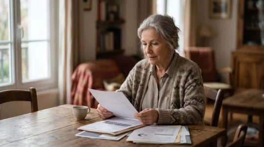 Personne senior consultant des documents de santé dans un environnement lumineux et rassurant