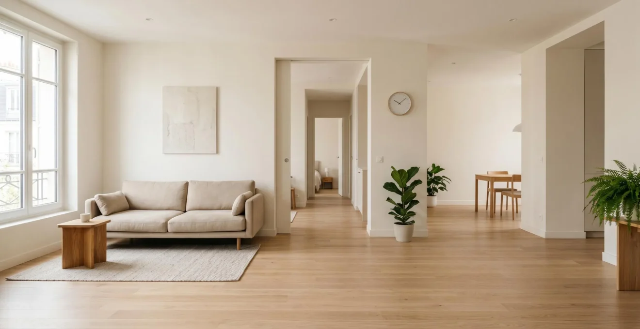Intérieur lumineux d'un logement adapté pour senior avec espaces de circulation dégagés