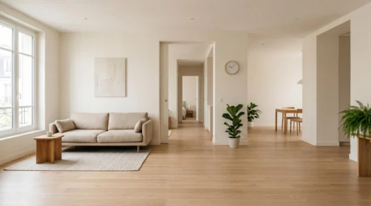 Intérieur lumineux d'un logement adapté pour senior avec espaces de circulation dégagés