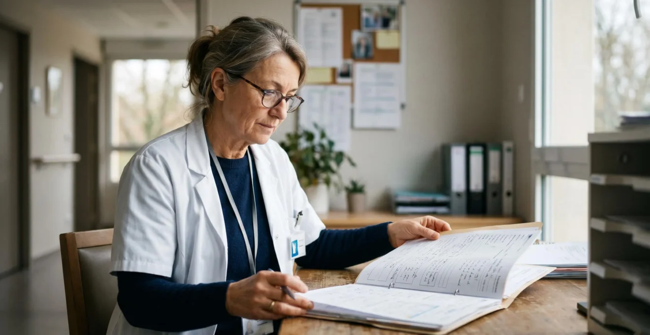 Médecin coordinateur examinant attentivement un dossier médical dans un environnement EHPAD français, symbolisant la supervision des soins pour prévenir les erreurs médicamenteuses