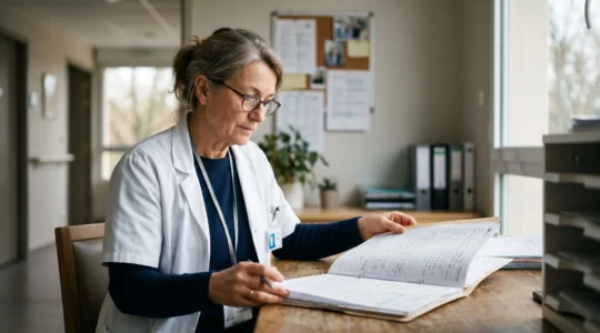 Médecin coordinateur examinant attentivement un dossier médical dans un environnement EHPAD français, symbolisant la supervision des soins pour prévenir les erreurs médicamenteuses