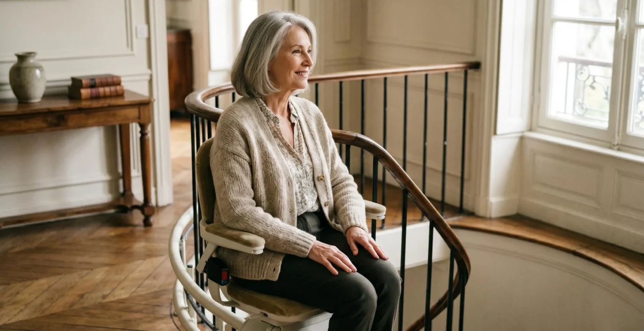 Senior utilisant un monte-escalier moderne dans un escalier en colimaçon sécurisé