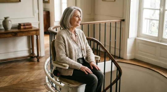 Senior utilisant un monte-escalier moderne dans un escalier en colimaçon sécurisé
