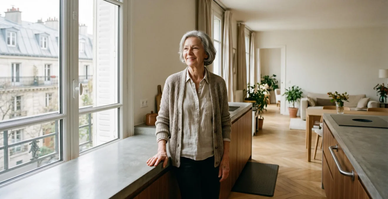 Senior dans son logement en cours de rénovation, espace de vie sécurisé et aménagé