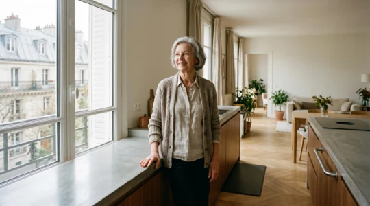 Senior dans son logement en cours de rénovation, espace de vie sécurisé et aménagé