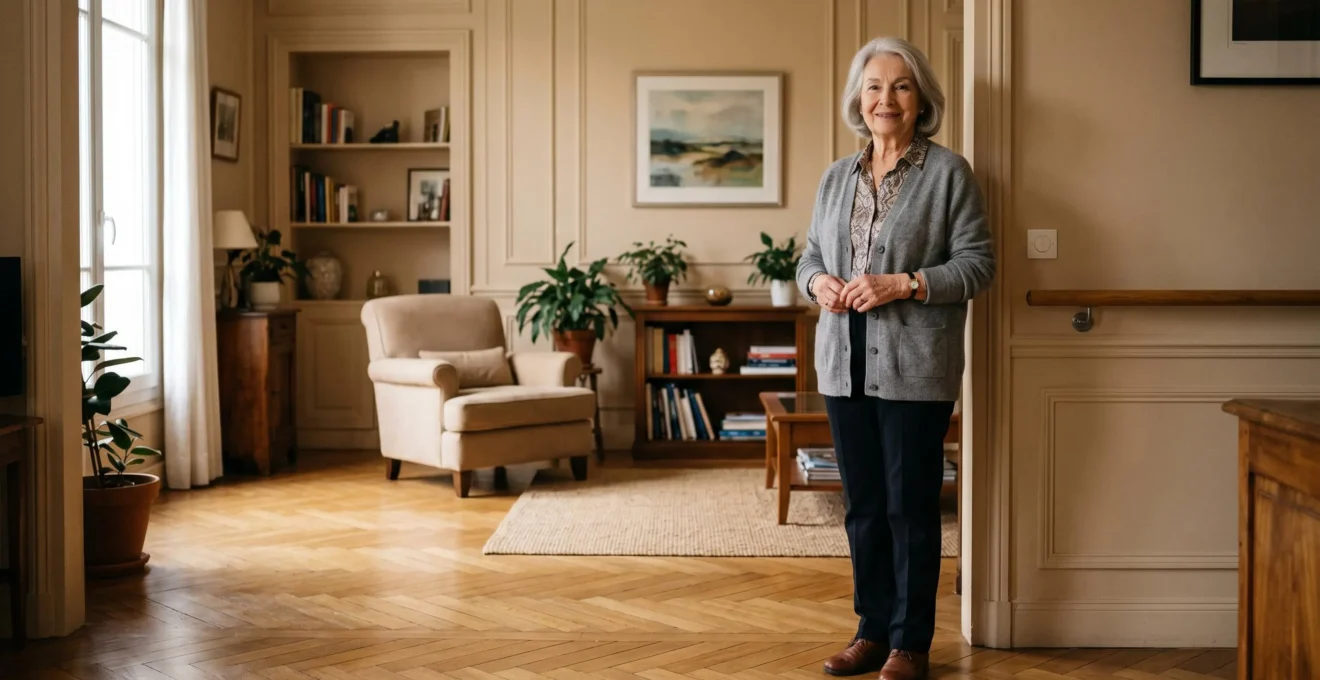 Personne senior dans son logement sécurisé avec éléments de protection visible