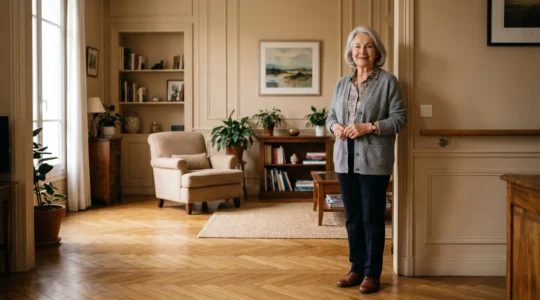 Personne senior dans son logement sécurisé avec éléments de protection visible