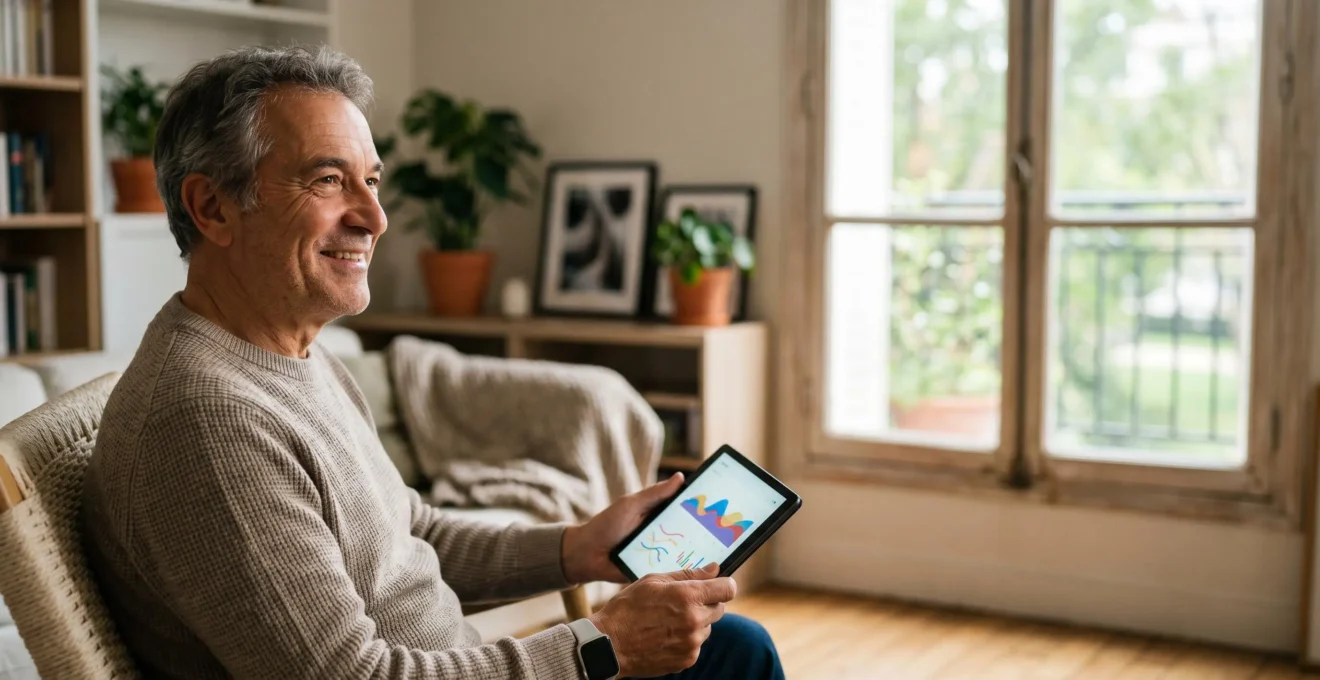 Senior actif de 70 ans consultant ses données de santé sur sa tablette numérique à domicile