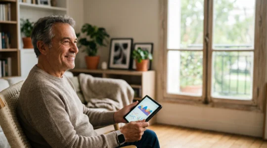 Senior actif de 70 ans consultant ses données de santé sur sa tablette numérique à domicile