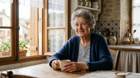 Senior actif planifiant sa journée avec énergie et sérénité dans un environnement français lumineux