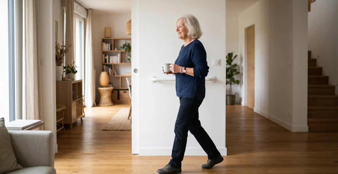 Senior en pleine forme évoluant sereinement dans un intérieur sécurisé et adapté pour vieillir chez soi