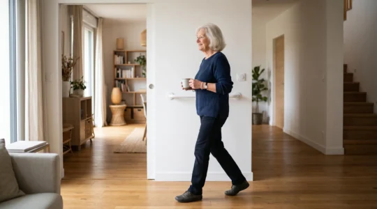 Senior en pleine forme évoluant sereinement dans un intérieur sécurisé et adapté pour vieillir chez soi